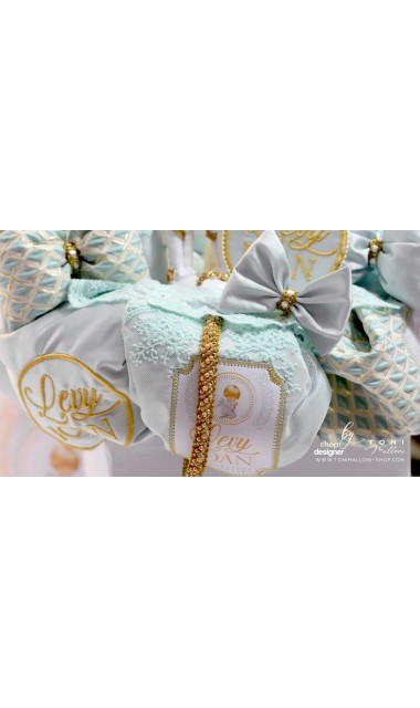 Lumanare botez cu ingeri gold dantela verde menta si broderie cu numele bebelusului cusuta in baza lumanarii 19